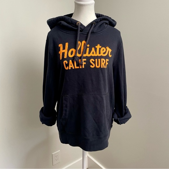 Y2K Hollister Spellout Hoodie Black and Orange Size Large - Picture 1 of 8
